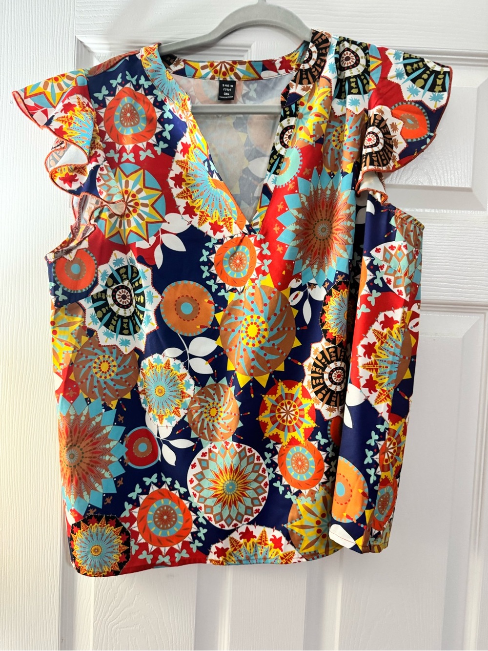SHEIN Navy Multicolor Medallion Flutter-Sleeve Blouse